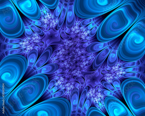 Abstract fractal art background, with a decorative blue and purple floral pattern.