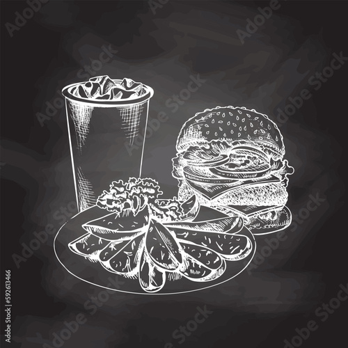 Hand-drawn white sketch of burger, paper cup of cola and plate with slices of baked potatoes on chalk background. Monochrome junk food vintage illustration. Great for menu, poster or restaurant .