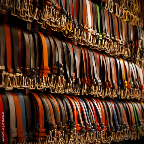 The row of belts leather at the shopping street market.