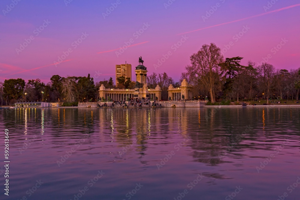 Beautiful view of the El Retiro Park in the evening in Madrid, Spain