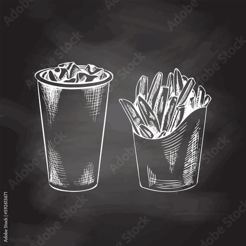Hand-drawn white  sketch of french fries carton box, paper cup of cola with ice  isolated on chalk background. Monochrome junk food vintage illustration. Great for menu, poster 