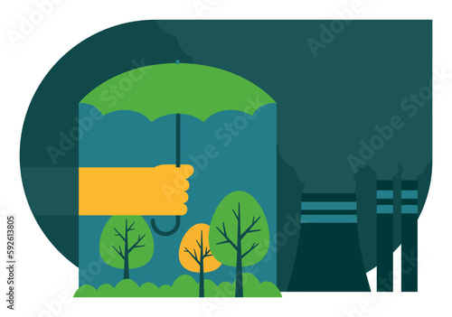 Hand with umbrella and protecting trees