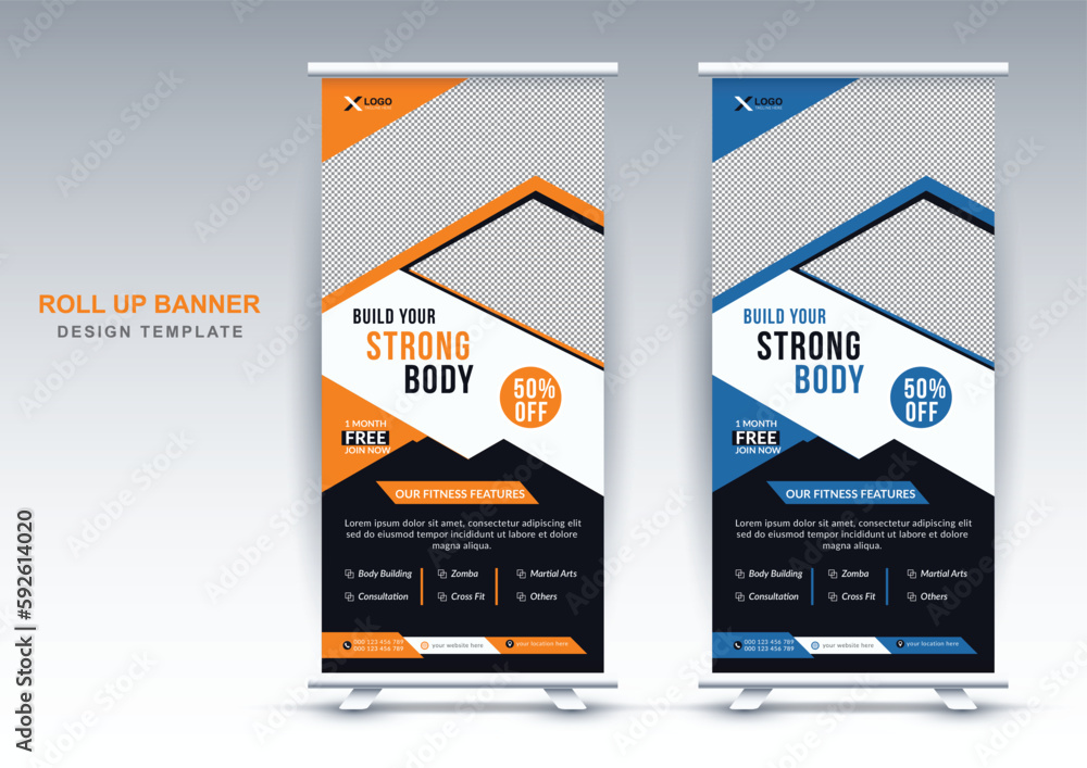 Modern gym fitness business rollup banner design template