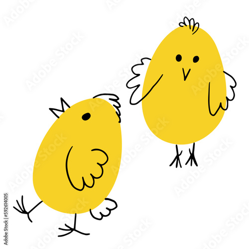 Cute hand drawn chicken set. Funny yellow doodle chickens in different poses for Easter designs. Vector simple illustration on white background.
