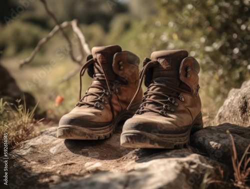 A pair of hiking boots on a trail