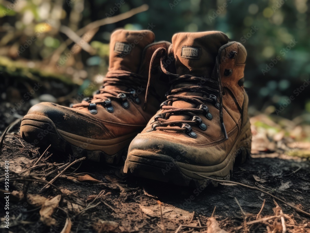 A pair of hiking boots on a trail A pair of hiking boots on a trail