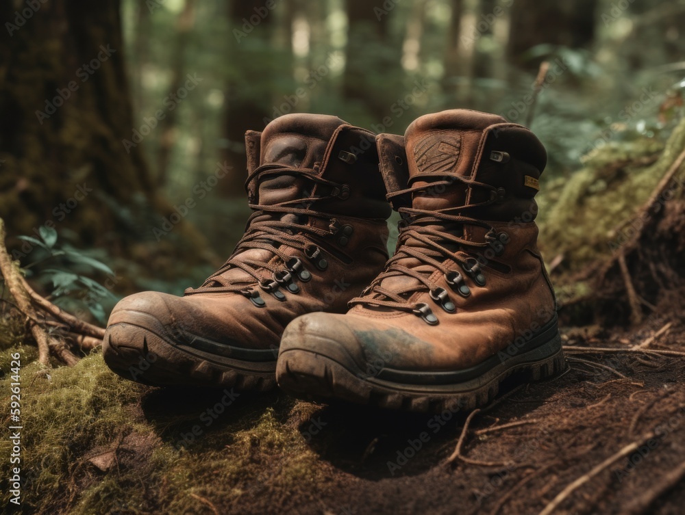 A pair of hiking boots on a trail A pair of hiking boots on a trail