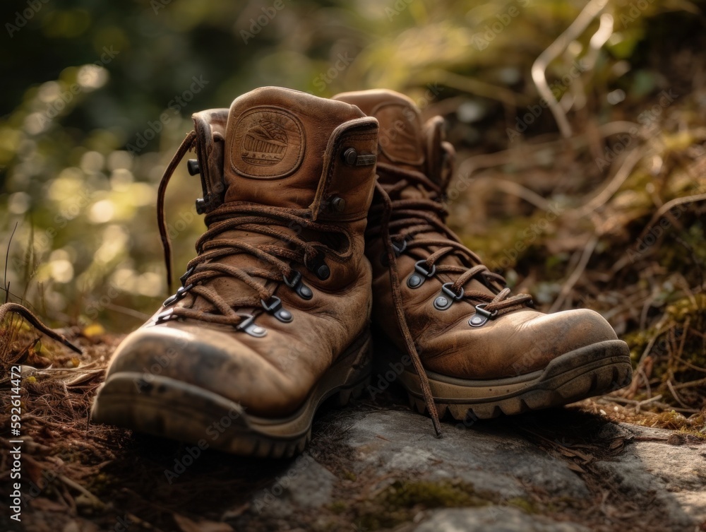 A pair of hiking boots on a trail A pair of hiking boots on a trail