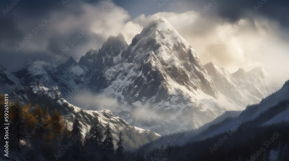 snowy majesty: a breathtaking view of mountain peaks blanketed in fresh snow, sunlight peeking through the clouds. captured with a telephoto lens to emphasize their grandeur. genrative ai