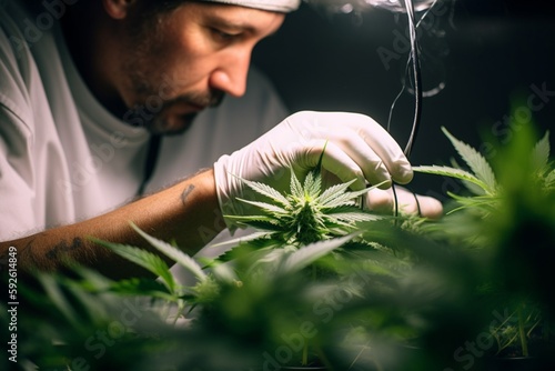 Skilled Hands Trimming Cannabis Plant in a Modern Light Industrial Indoor Marijuana Farm - High-Quality Stock Image Capturing the Art of Cannabis Cultivation and Processing for Medical and Recreationa photo