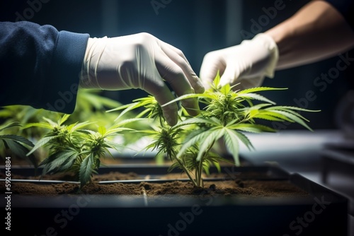 Skilled Hands Trimming Cannabis Plant in a Modern Light Industrial Indoor Marijuana Farm - High-Quality Stock Image Capturing the Art of Cannabis Cultivation and Processing for Medical and Recreationa photo