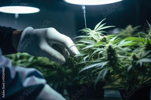 Skilled Hands Trimming Cannabis Plant in a Modern Light Industrial Indoor Marijuana Farm - High-Quality Stock Image Capturing the Art of Cannabis Cultivation and Processing for Medical and Recreationa photo
