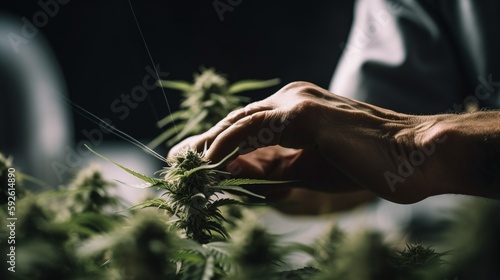 Skilled Hands Trimming Cannabis Plant in a Modern Light Industrial Indoor Marijuana Farm - High-Quality Stock Image Capturing the Art of Cannabis Cultivation and Processing for Medical and Recreationa photo