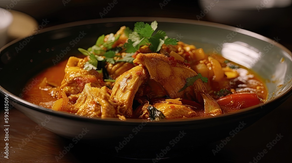 Take your taste buds on a journey with Spicy chicken curry, a delicious and flavorful dish that combines tender chicken with aromatic spices and a rich curry sauce. Generated by AI.