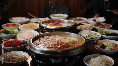 Indulge in the ultimate comfort food experience with a sizzling hot pot brimming with tender meat, crisp vegetables, and rich broth in this 4K video. Generated by AI.