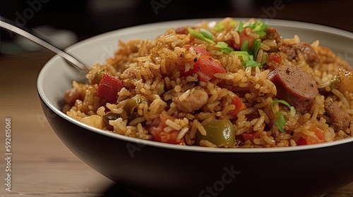 Bring the taste of the South to your kitchen with Spicy Cajun dirty rice, cooked to perfection in a traditional Southern style. Generated by AI.