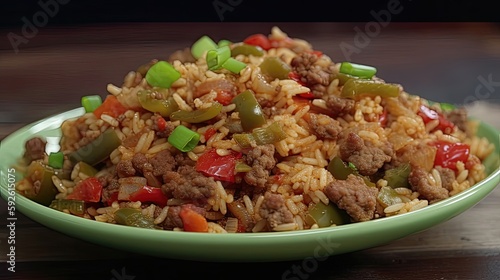 Embrace the warmth and spice of Spicy Cajun dirty rice, cooked with a Southern style flair and showcased in a high-quality 720p cooking video. Generated by AI. photo