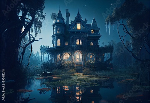 Overgrown Victorian Haunted Mansion in a Moonlit Swamp. [Digital Art Painting, Sci-Fi / Fantasy / Horror Background, Graphic Novel, Postcard, or Product Image]. Generative AI