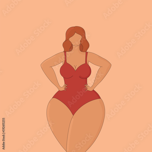 Abstract faceless curvy female in a red swimsuit. Body positive and female beauty. Hand drawn vector art