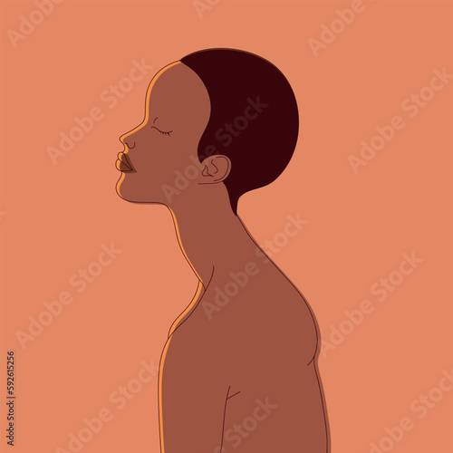 Woman in profile lit by the sun. Female beauty in simple art. Femininity and light. Vector art