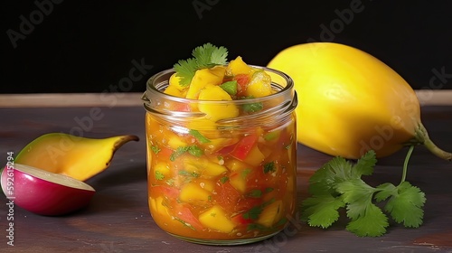 Add some heat to your next party with this Spicy Mango Habanero Salsa. Generated by AI. photo