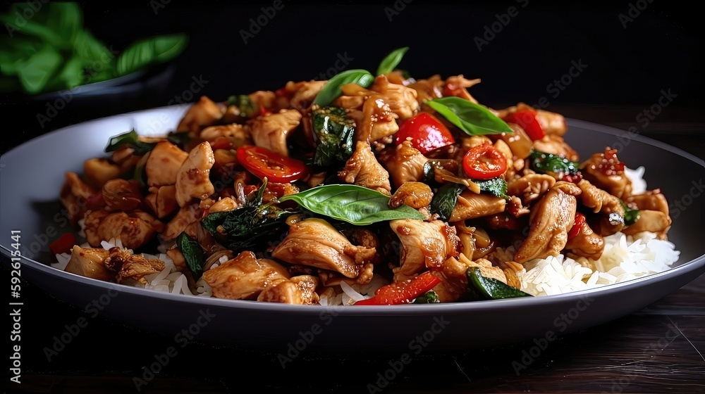 Spicy Thai basil chicken is a delicious and flavorful stir-fry made with tender chicken, Thai basil, chilies, garlic, and fish sauce. Generated by AI.