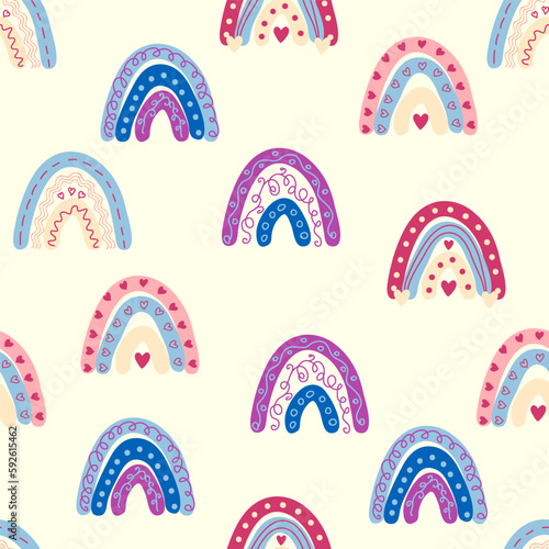 Seamless pattern graceful rainbows in boho colors. Scandinavian baby hand style for newborns.