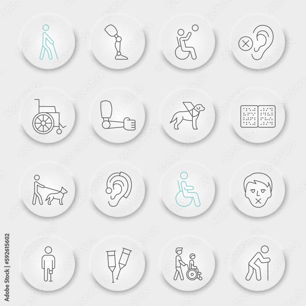 Disability line icon set, disabled people collection, vector sketches, neumorphic UI UX buttons, disability icons, disabled signs linear pictograms, editable stroke Disability line icon set, disabled people collection, vector sketches, neumorphic UI UX buttons, disability icons, disabled signs linear pictograms, editable stroke
