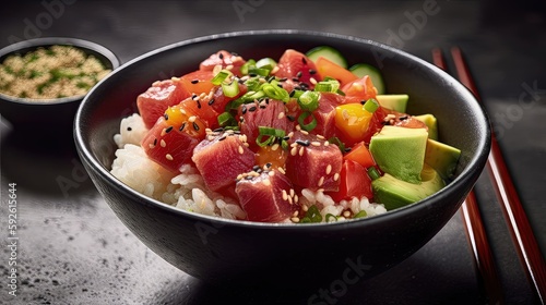 Take a bite of this mouthwatering tuna poke bowl with cubed raw tuna, rice, and a colorful mix of veggies, all topped with a spicy sesame dressing for an added kick. Generated by AI.