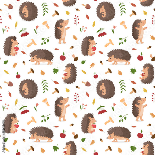Cute hedgehog, fall leaves pattern. Vintage autumn nature texture, love paper for baby. Decor textile, wrapping and wallpaper design. Vector seamless utter forest mammals cartoon illustration