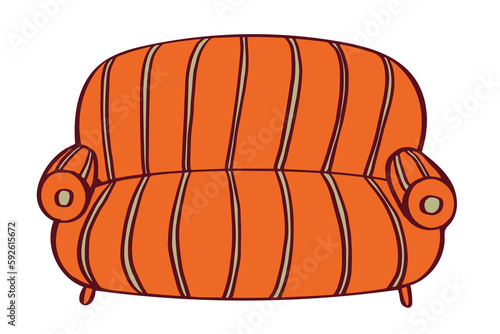 Bright striped sofa. Vector color doodle illustration isolated on white. Design element for illustration, cover.