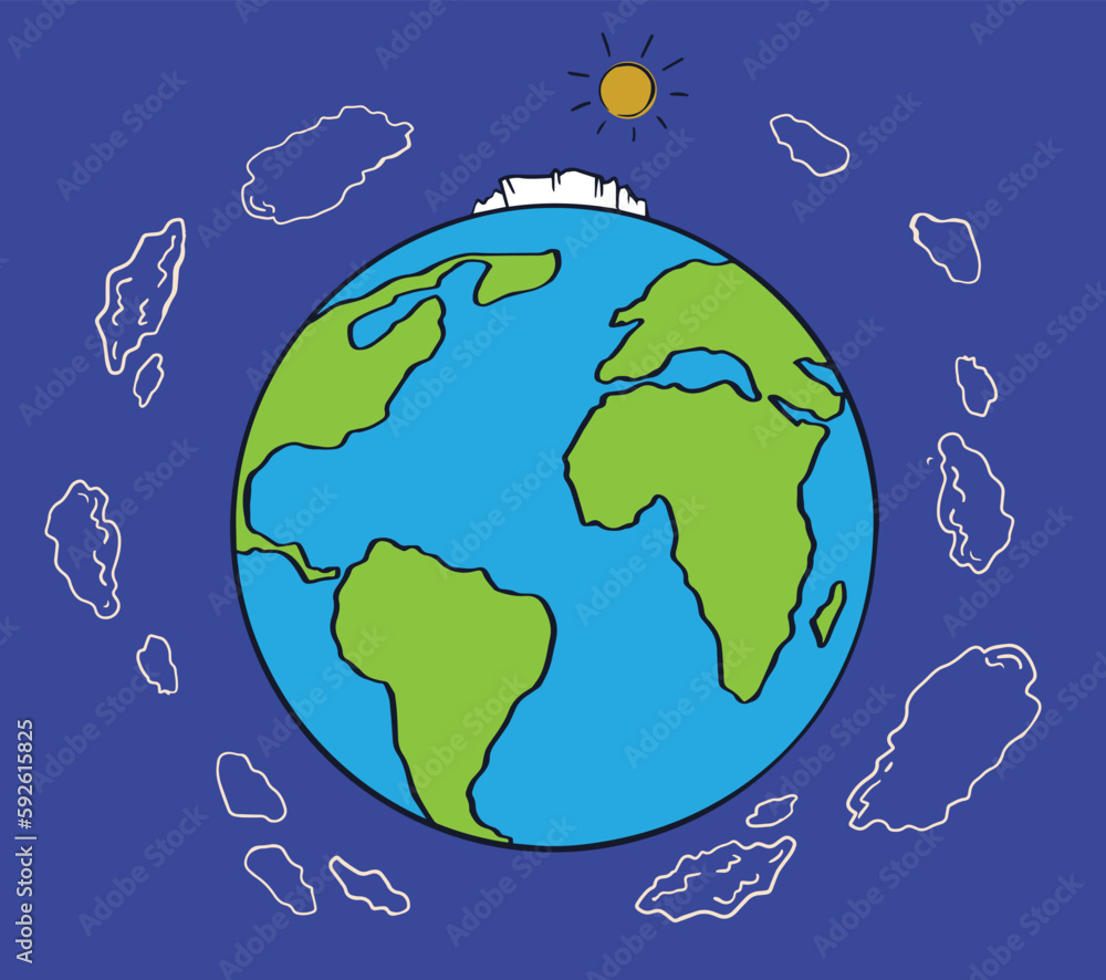 Naklejka premium Planet Earth with clouds and glacier on top. Vector doodle outline color illustration for poster design.
