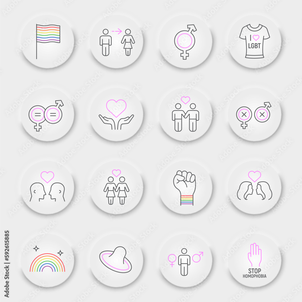 LGBT line icon set, lgbtq symbols collection, vector sketches, neumorphic UI UX buttons, gay pride icons, gender signs linear pictograms, editable stroke LGBT line icon set, lgbtq symbols collection, vector sketches, neumorphic UI UX buttons, gay pride icons, gender signs linear pictograms, editable stroke