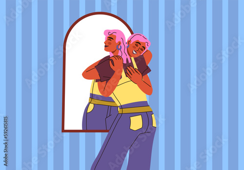 Confidence love. Accepting yourself. Woman looking at mirror and hugging reflection. Funny smile in psychology. Human self acceptance. Positive motivation. Vector exact illustration concept