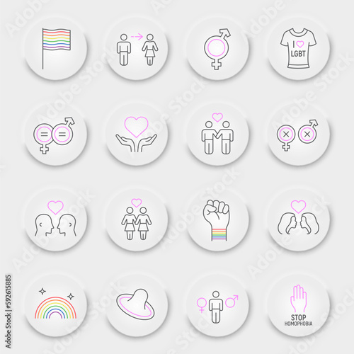 LGBT line icon set, lgbtq symbols collection, vector sketches, neumorphic UI UX buttons, gay pride icons, gender signs linear pictograms, editable stroke