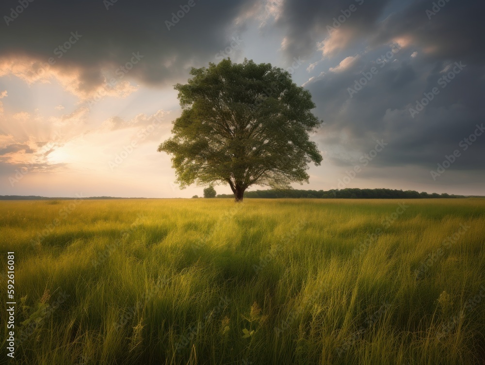 A peaceful image of a lone tree standing tall in the middle of a serene meadow