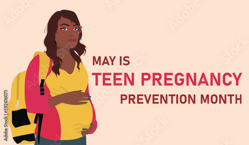 May is Teen pregnancy prevention month. Pregnant african american teenage girl. Modern flat vector illustration