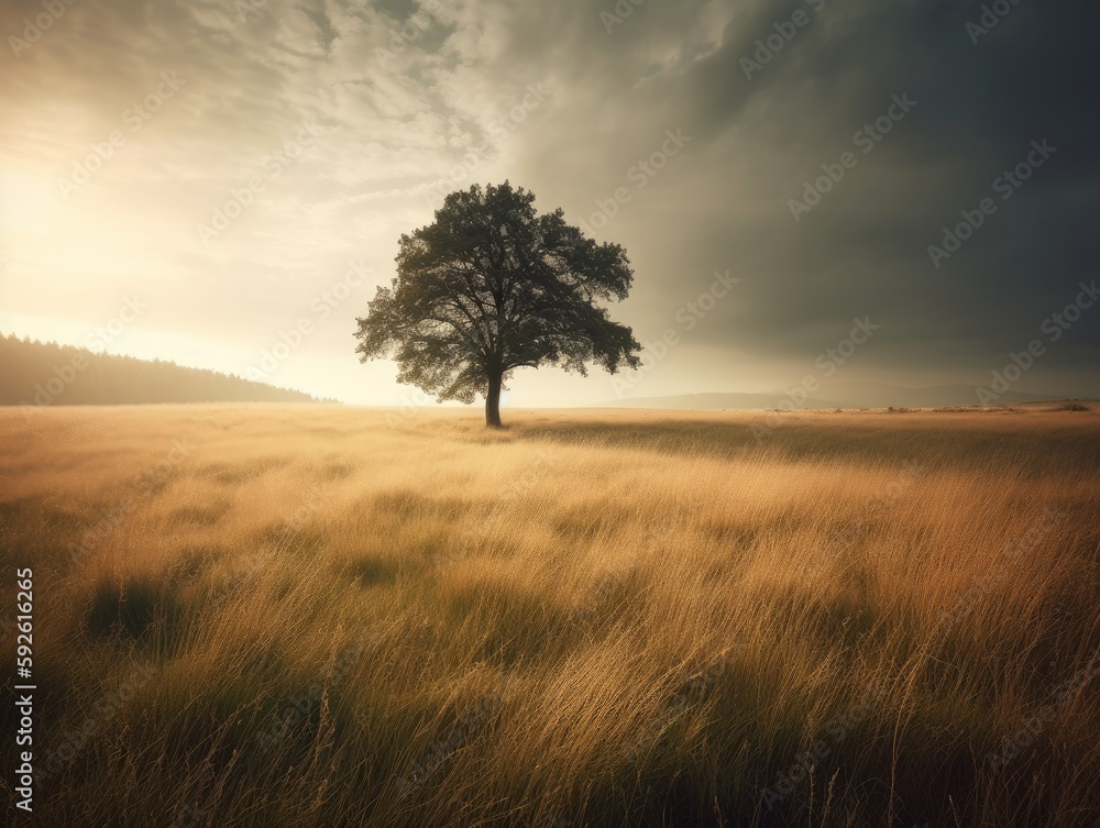 Fototapeta premium A peaceful image of a lone tree standing tall in the middle of a serene meadow