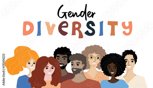 Gender diversity. Group of gender diversity people multi ethnic race. Racial equality and anti-racism. Multicultural society. Friendship. Vector illustration