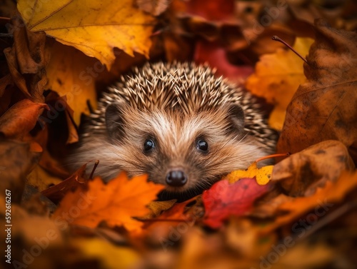 A curious hedgehog peeking out of a pile of autumn leaves