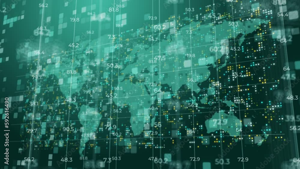 Electronic scoreboard with changing numbers falling down on the background of a world map and flashing dots. Green looped motion graphics. Electronic scoreboard with changing numbers falling down on the background of a world map and flashing dots. Green looped motion graphics.