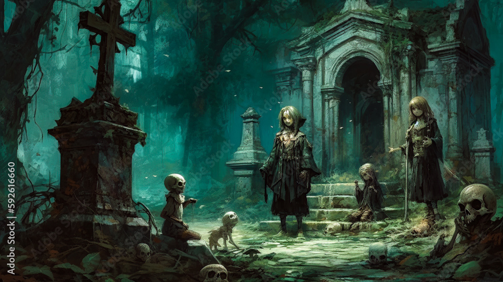 Young Children ghost, at a grave yard with skulls and candle light digital painting artwork. Computer AI generated illustration art.