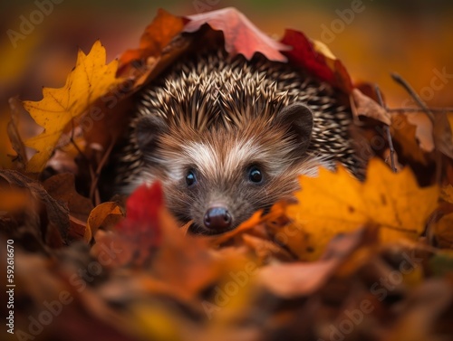 Leinwand Poster A curious hedgehog peeking out of a pile of autumn leaves