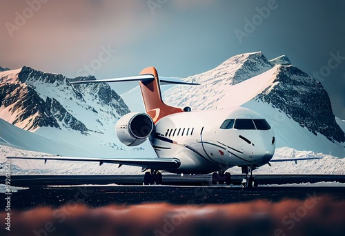 private jet airplane on the ground waiting to be boarded snowy mountains in the background. Generative AI