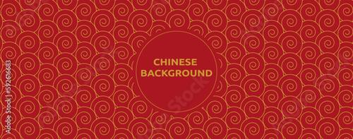 Chinese background. Asian ornament pattern. Gold or red festive motif. Circle oriental texture. Japanese or Korean. Outline flat swirls. Classic Eastern design. Vector tidy abstract banner