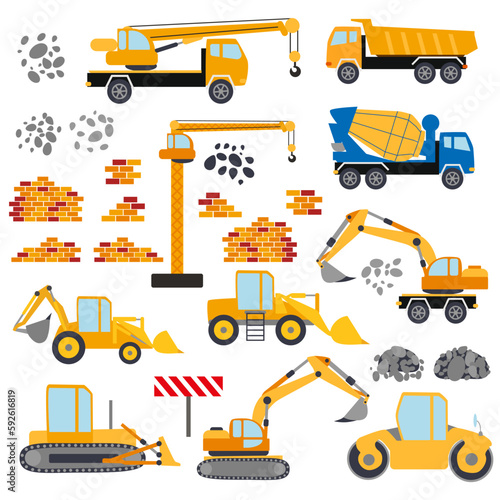 Construction equipment set. Special machines for construction work. Forklifts, concrete mixer, cranes, excavators, tractors, bulldozers, trucks