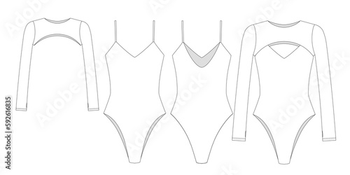 "Woman and girl sustainable swimwear, technical drawing, outline, template, sketch, flat, mock up. Recycled PA, Recycled PES, Lycra fabric swimwear front and back view, white color" 