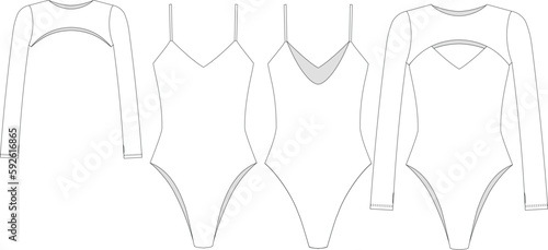 "Woman and girl sustainable swimwear, technical drawing, outline, template, sketch, flat, mock up. Recycled PA, Recycled PES, Lycra fabric swimwear front and back view, white color"	