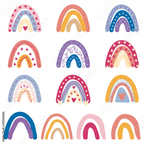 Hand drawn boho rainbow. Cute set in pastel Scandinavian style. Children's room design for room