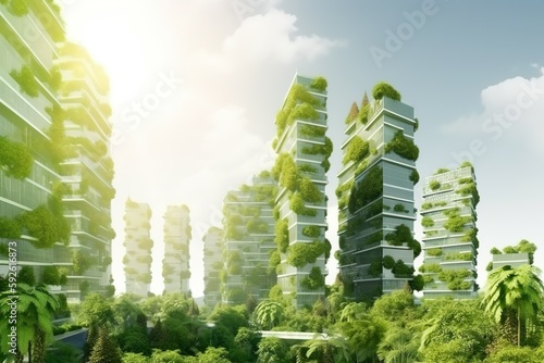 Grüne, nachhaltige Stadt mit Fahrradwegen, öffentlichem Verkehr, Parks und Grünflächen. Emissionsfrei, CO2-neutral, recycelt und mit erneuerbaren Energien betrieben. (Generative AI)